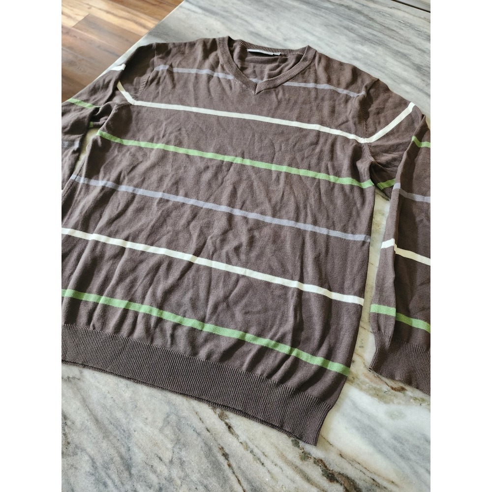 VTG Y2k Adolfo Mens 2XL Brown Striped V-Neck Sweater‎ Long Sleeve Knit Pullover